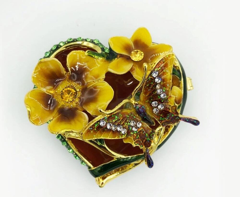 Cherished Treasures Enamel Butterfly With Crystals Floral Hinged trinket Box